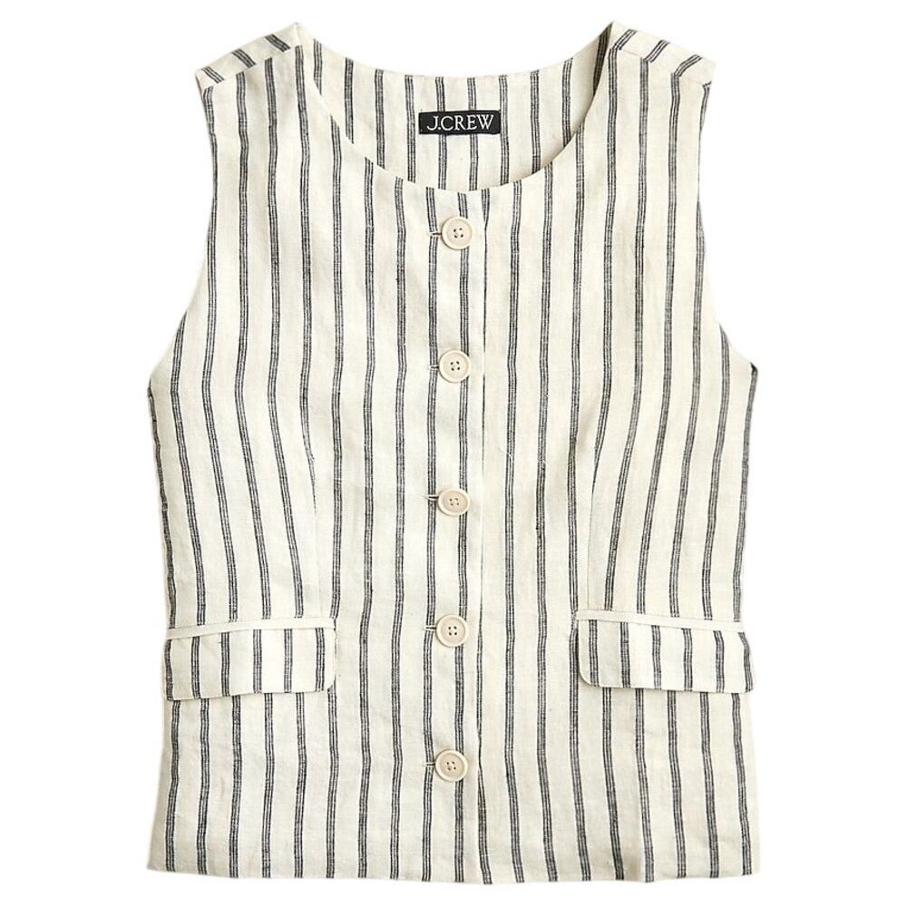 J. Crew 100% Linen Striped Vest Waistcoat 16 Cream Pinstripe Tailored Linen